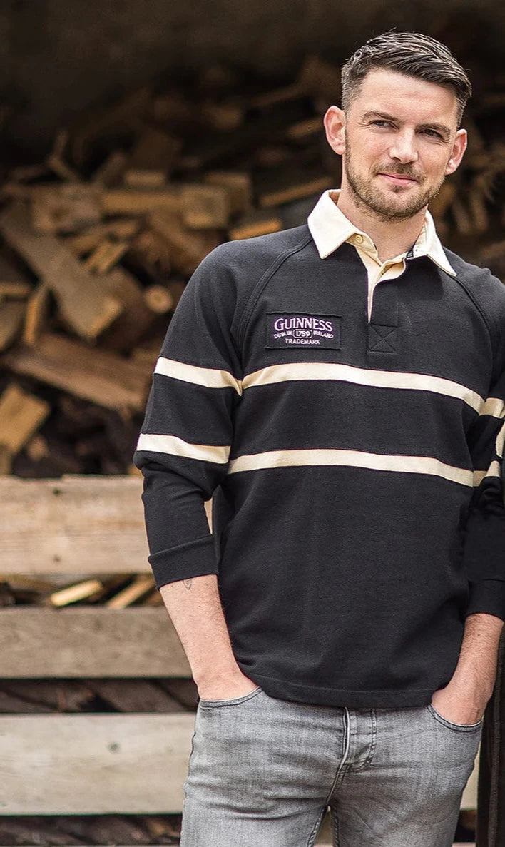 Guinness Long Sleeve Black and Cream Traditional Rugby