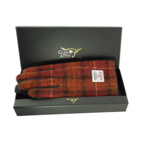 Womens Harris Tweed and Brown Leather Gloves - Gift Boxed