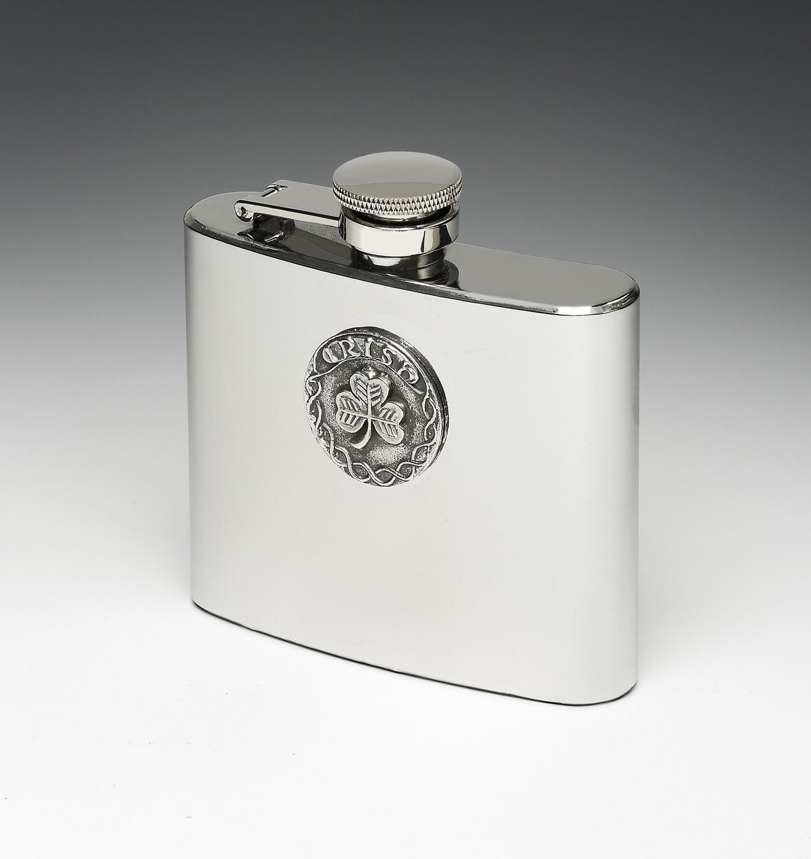 Whiskey Hip Flask with Shamrock/Irish Design by Mullingar Pewter