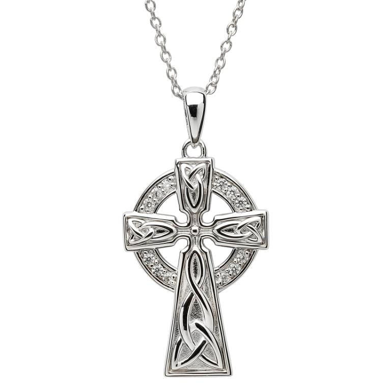 SF30 Large Celtic Stone Set Trinity Knot Silver Cross by Shanore