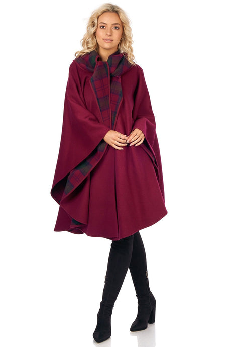Claret color women's knee length wool cape by Jimmy Hourihan, Dublin, Ireland