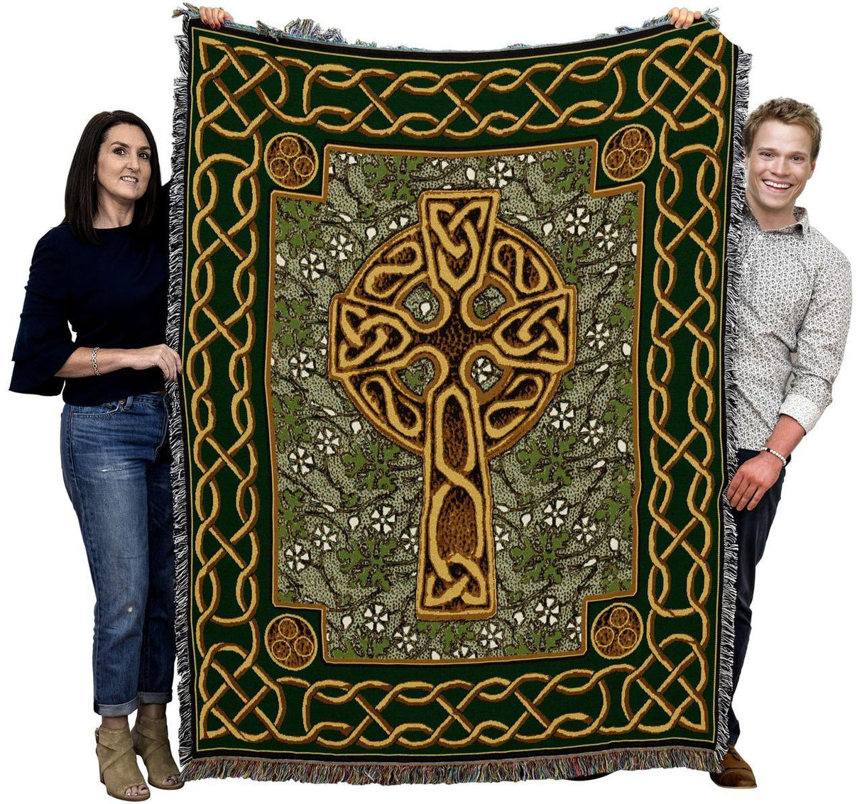 Irish Celtic Cross Throw Blanket With Fringe