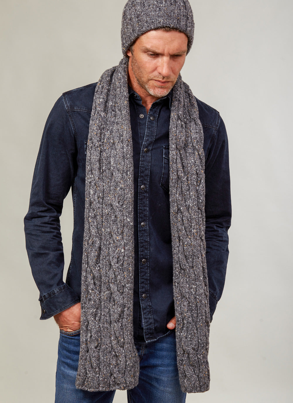 Fisherman 100% Merino Wool Mens Scarf - Grey Flecks