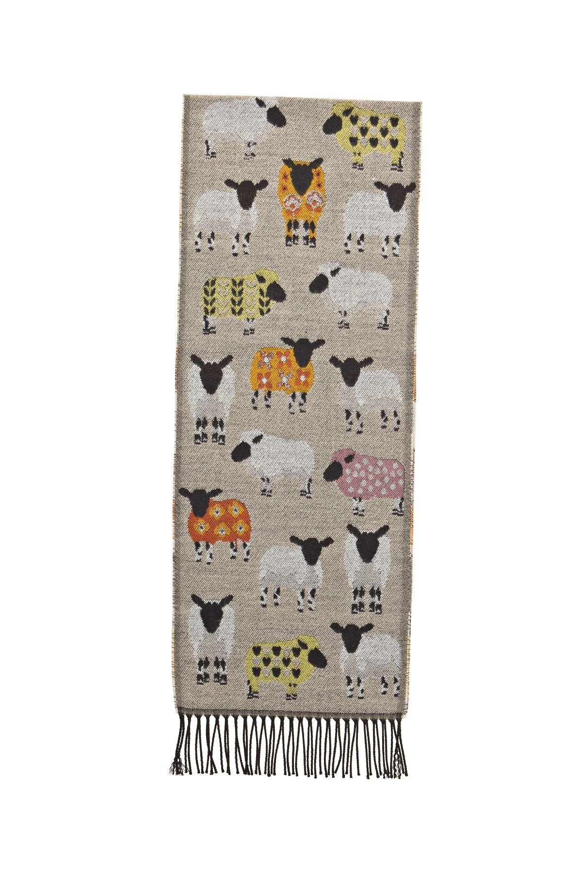 Oatmeal scarf with multiple sheep design motif by Jimmy Hourihan, Dublin, Ireland