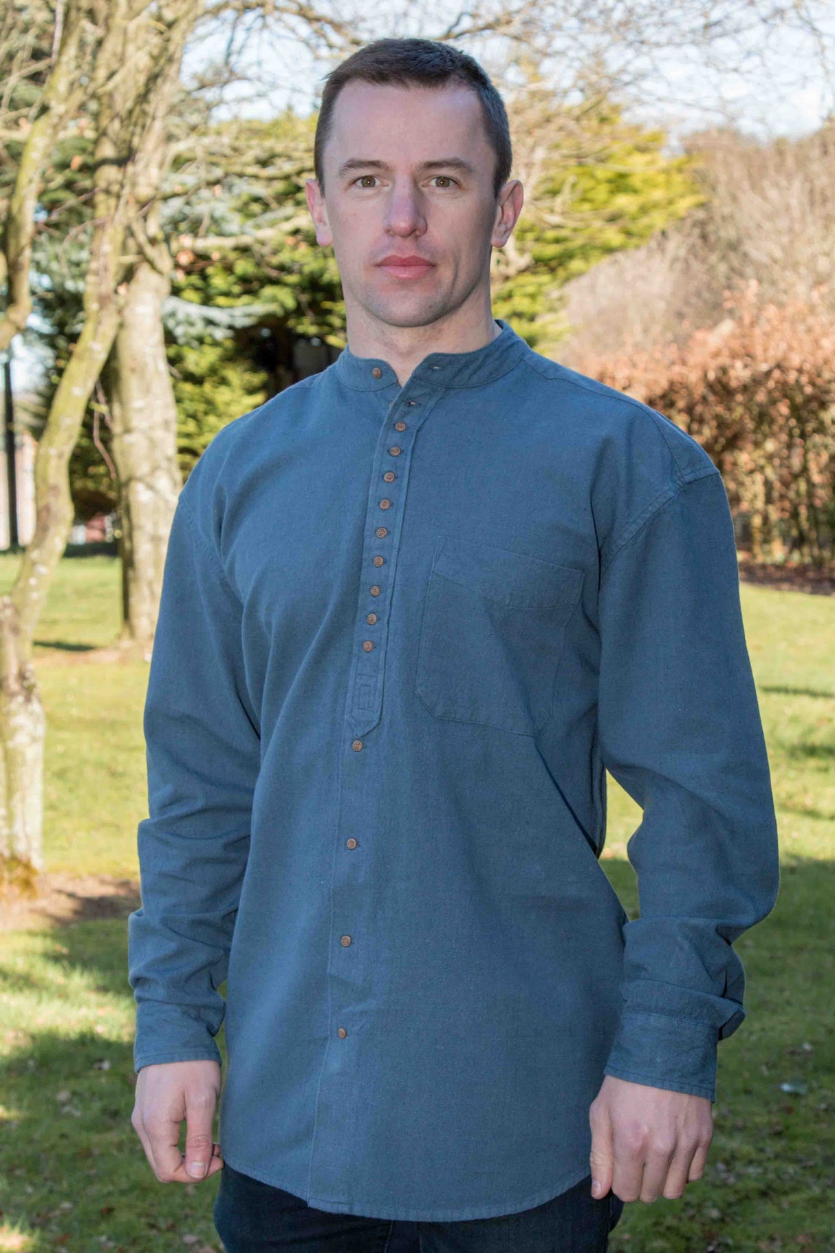 Irish Collarless Grandfather Shirt Linen Blend - Ink Blue