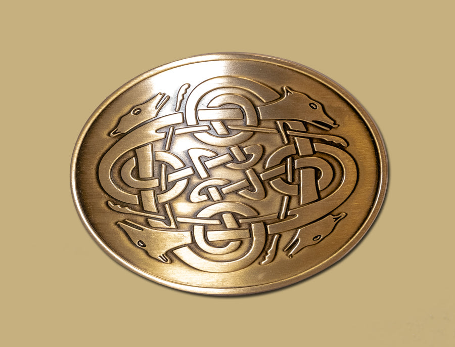 Four Celtic Hounds Brass Finish Belt Buckle