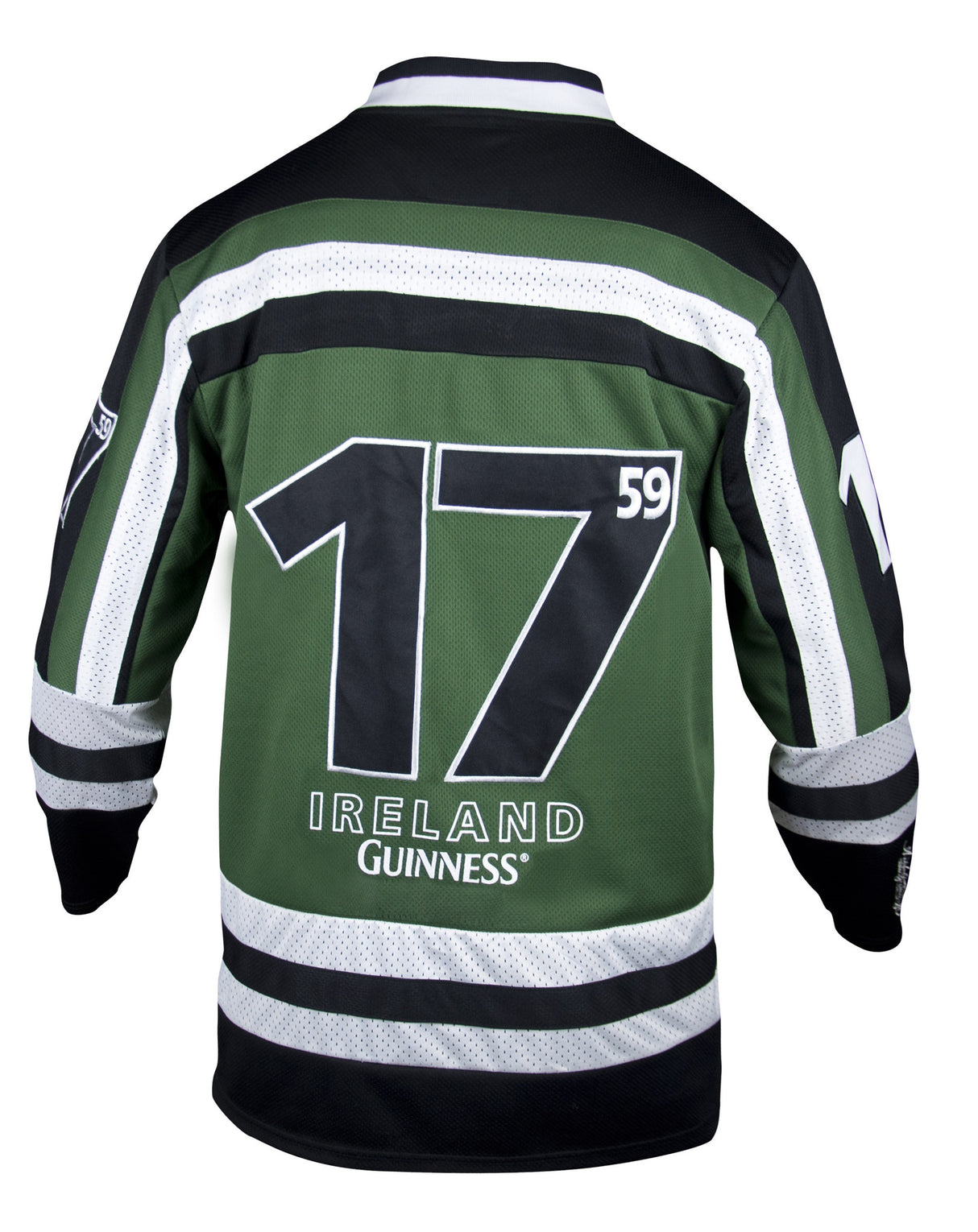 Back view of the Guinness green hockey jersey, long sleeve, mostly dark green, with some black and white also.