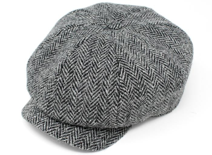 Classic black and white herringbone Peaky Blinders style cap by Hanna Hats of Donegal