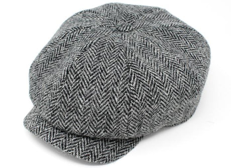 Classic black and white herringbone Peaky Blinders style cap by Hanna Hats of Donegal