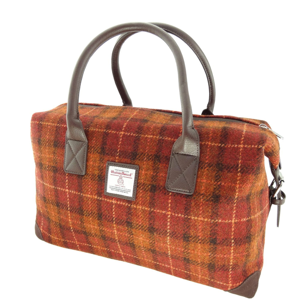 Brown with Orange Overcheck Scottish Harris Tweed Overnight Bag  Glen Appin