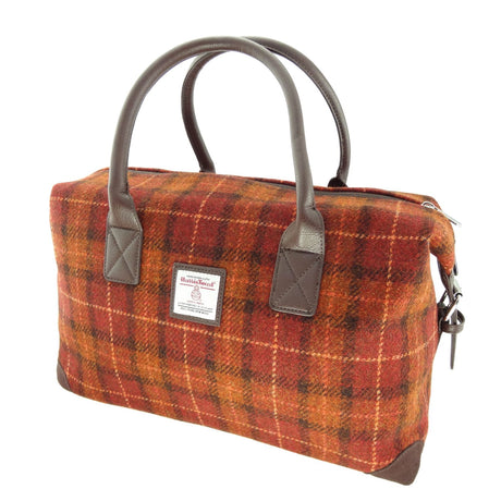Brown with Orange Overcheck Scottish Harris Tweed Overnight Bag  Glen Appin