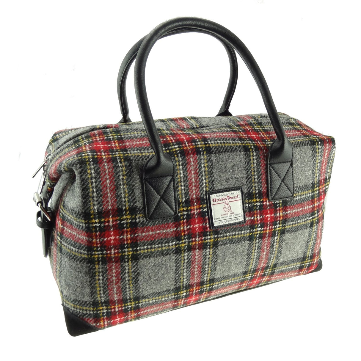 Grey and Red Tartan Scottish Harris Tweed Overnight Bag  Glen Appin