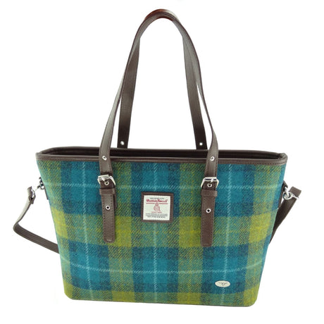 Sea Blue and Green Tartan Scottish Harris Tweed Women's Large Tote Bag with Shoulder Strap Glen Appin of Scotland