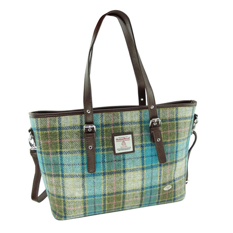 Turquoise Tartan Scottish Harris Tweed Women's Large Tote Bag with Shoulder Strap Glen Appin of Scotland