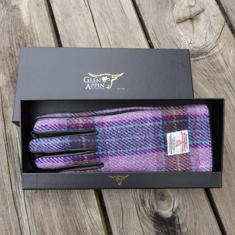 Womens Harris Tweed and Black Leather Gloves - Boxed