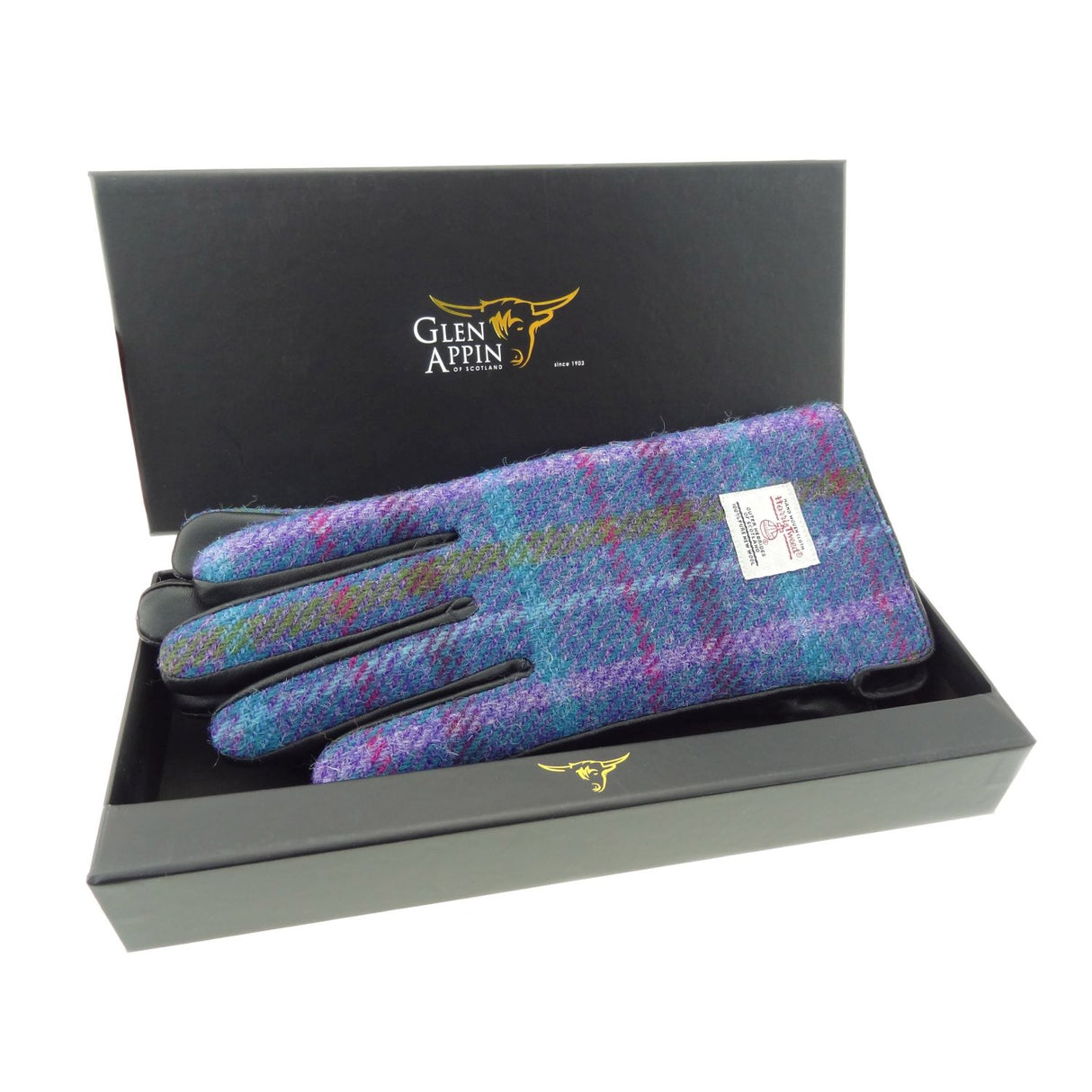 Womens Harris Tweed and Black Leather Gloves - Boxed