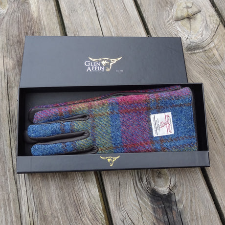 Womens Harris Tweed and Brown Leather Gloves - Boxed