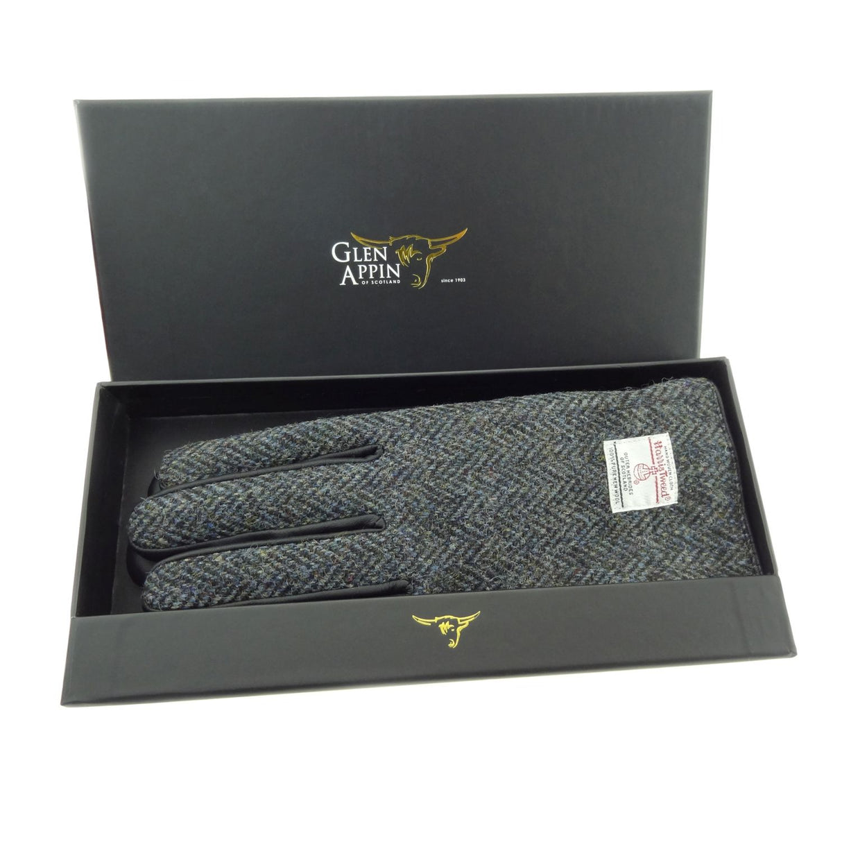 Mens Harris Tweed and Black Leather Gloves - Sold In Gift Box