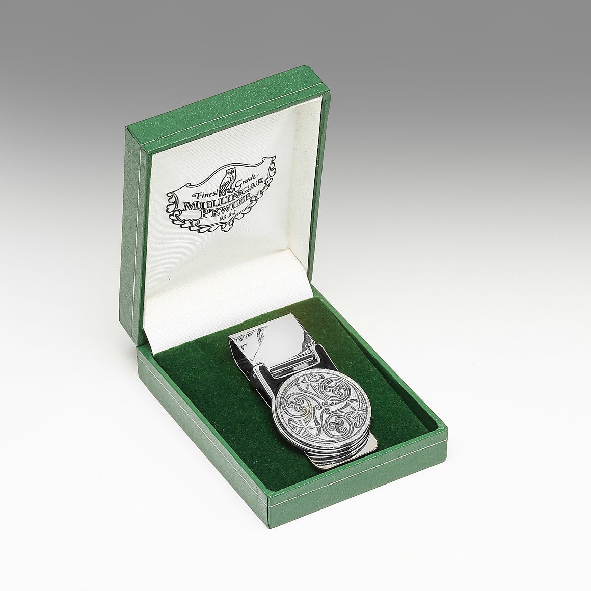 Celtic Spirals Design on Pewter Money Clip in Green Gift Box by Mullingar Pewter from Real Irish