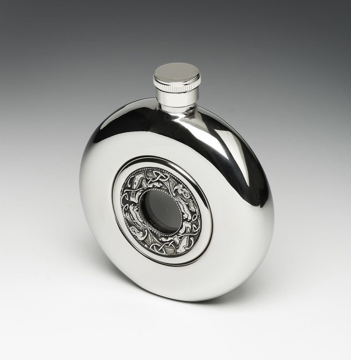 Round Whiskey Hip Flask with Glass Center and Celtic Dogs/Hounds Design