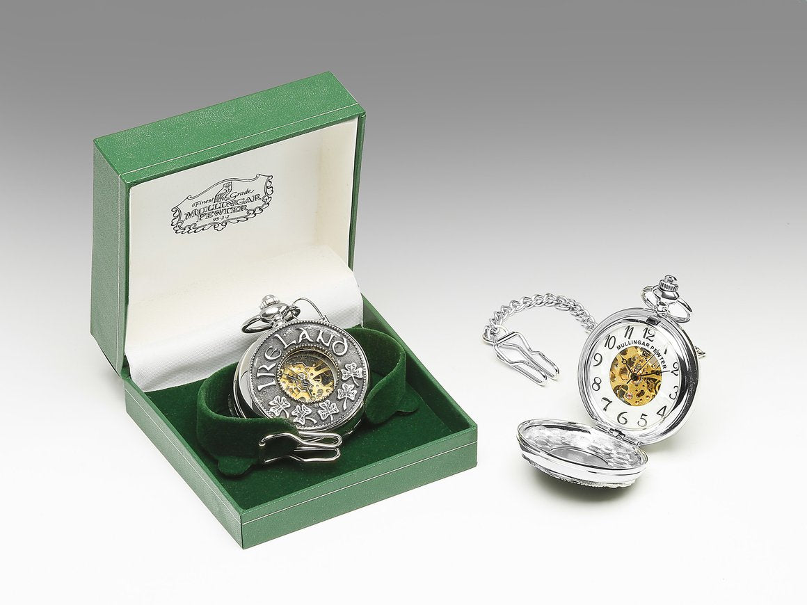Mechanical Pocket Watch with Shamrock/Ireland Design by Mullingar Pewter