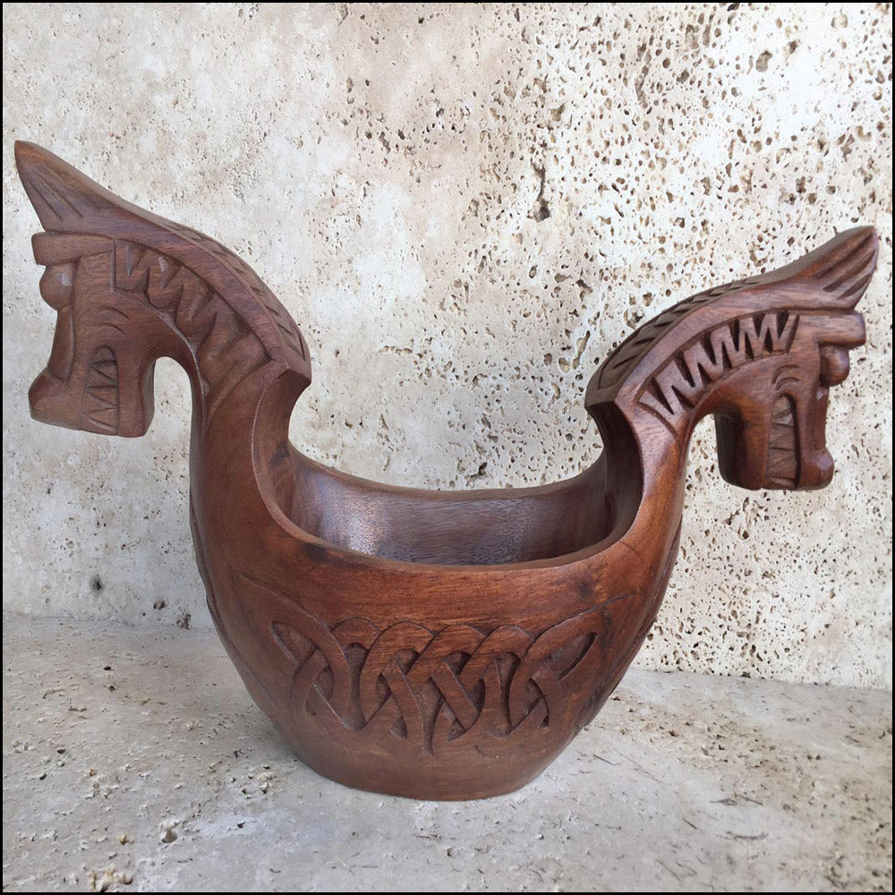 Viking Ale Bowl Smiling Horse Wood Carving VM-16-3