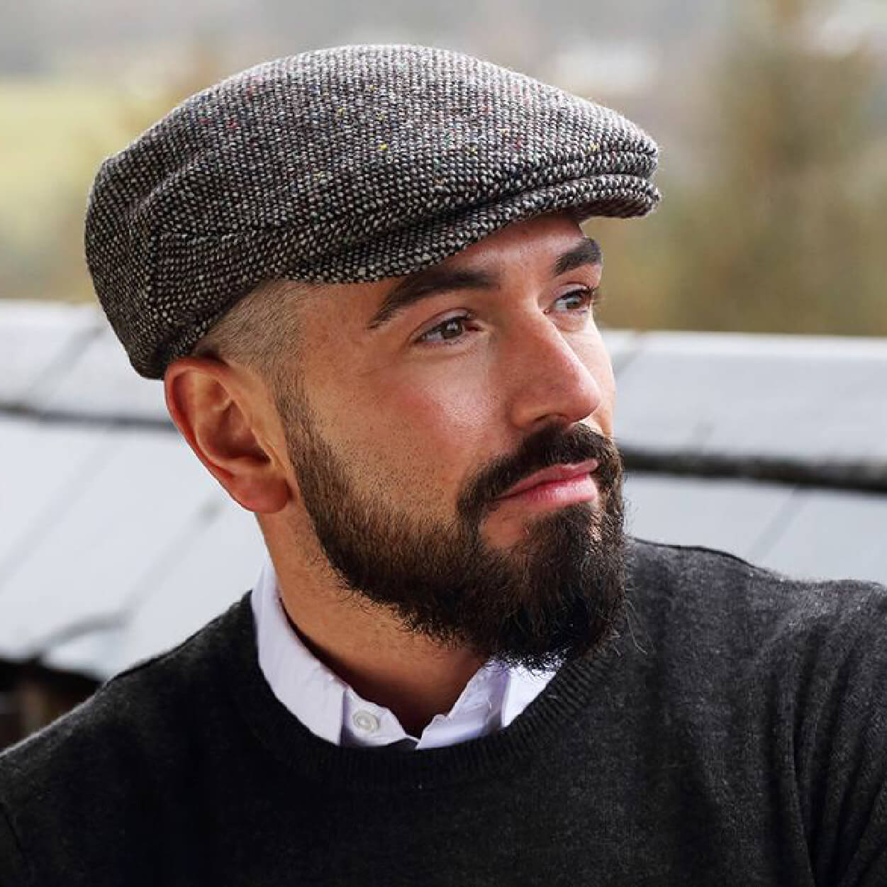 Herringbone pattern Irish cap side view by Hanna Hats of Donegal sold by Real Irish