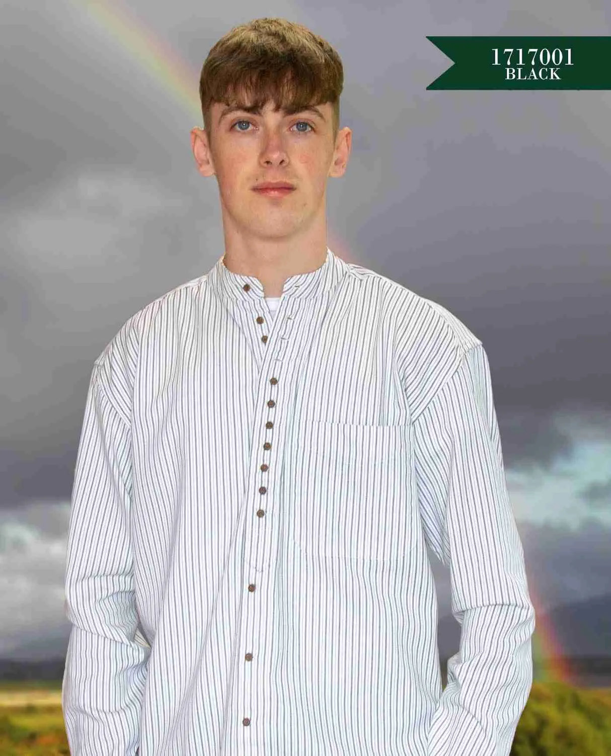 Irish Collarless Grandfather Shirt 100% Cotton - White with Black Pinstripes