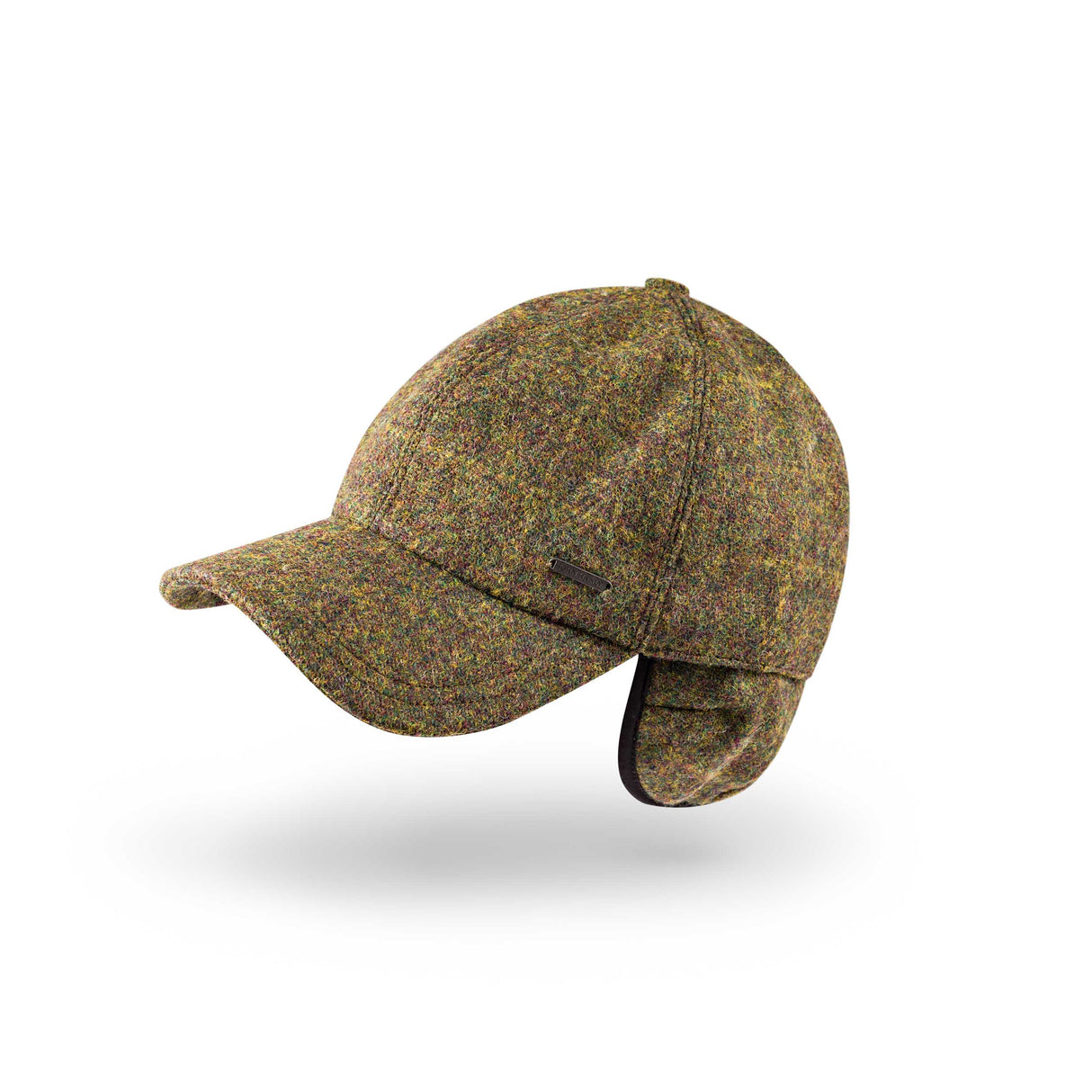 Tweed Baseball Style Cap with Earflaps Dark Green and Black Herringbone with Red and Blue Overcheck - John Hanly - X-Large