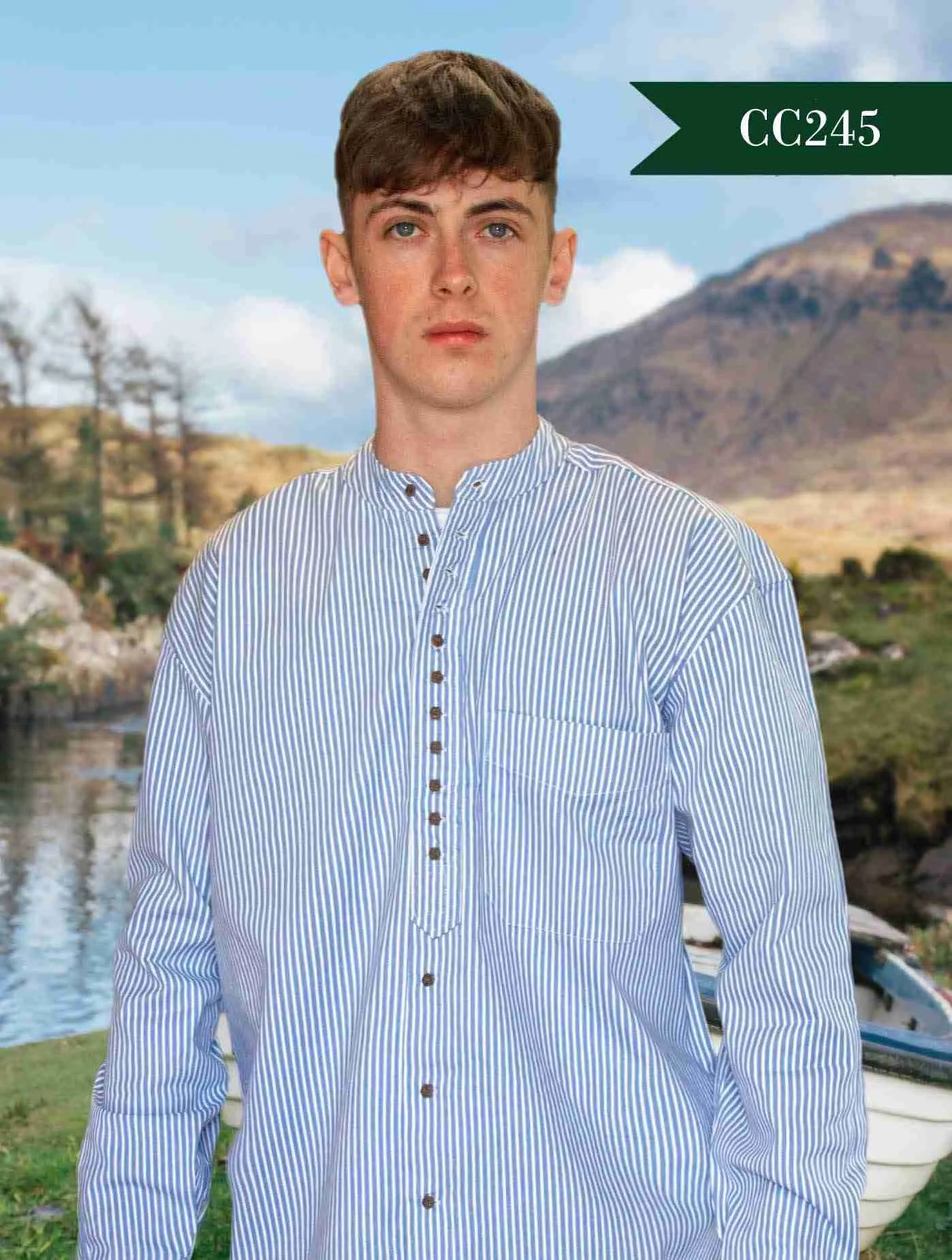 Irish Collarless Grandfather Shirt 100% Cotton - Light Blue with White Stripes