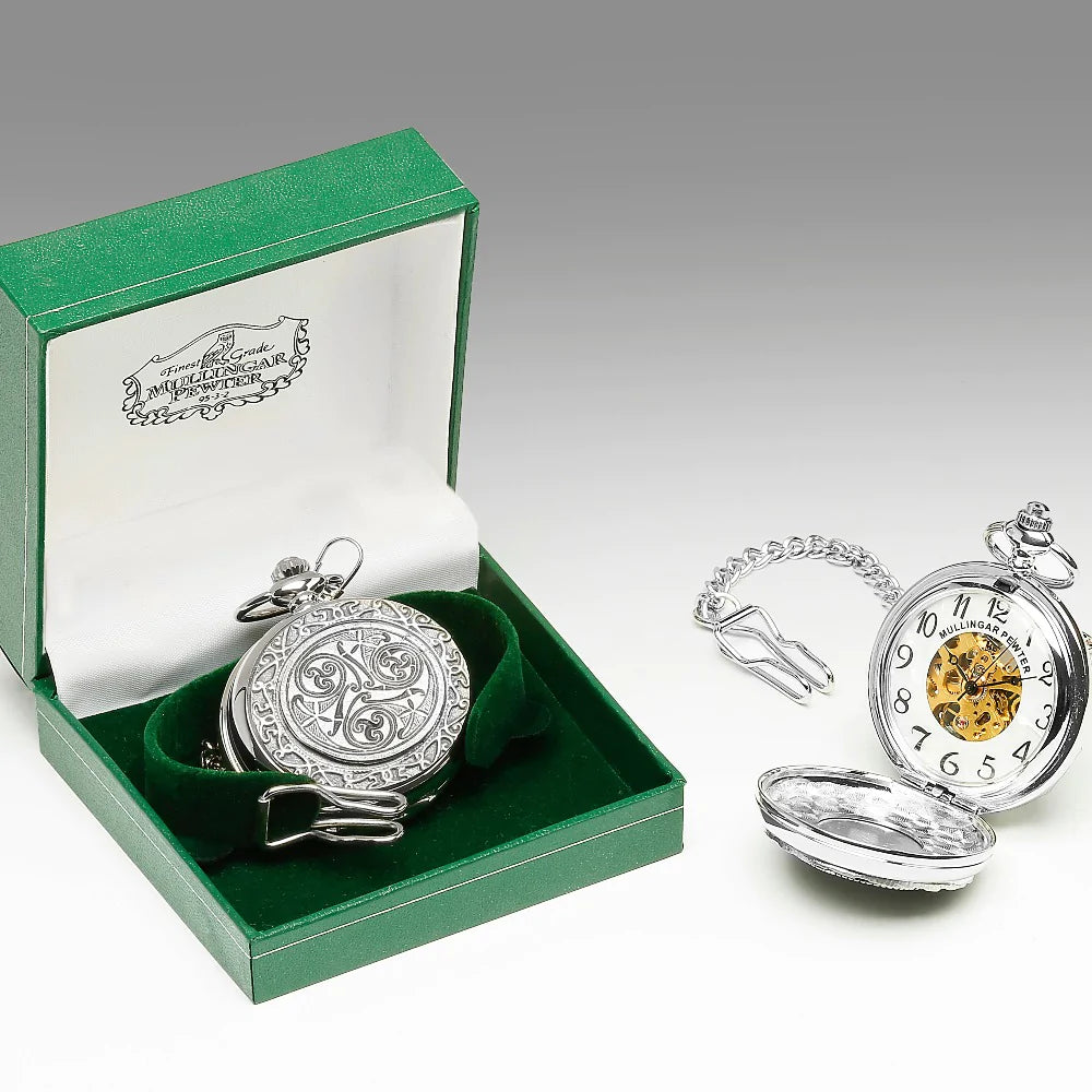 Mechanical Pocket Watch with Celtic Spirals Design by Mullingar Pewter