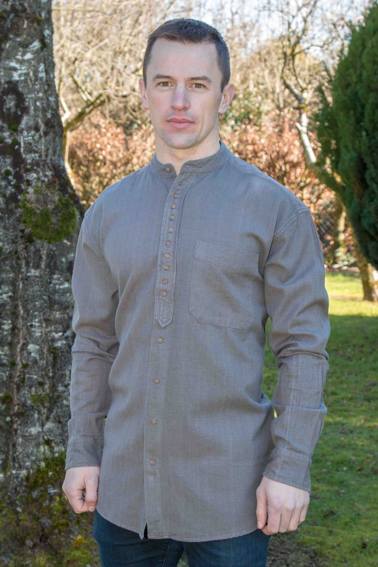 Irish Collarless Grandfather Shirt Linen Blend - Castlerock