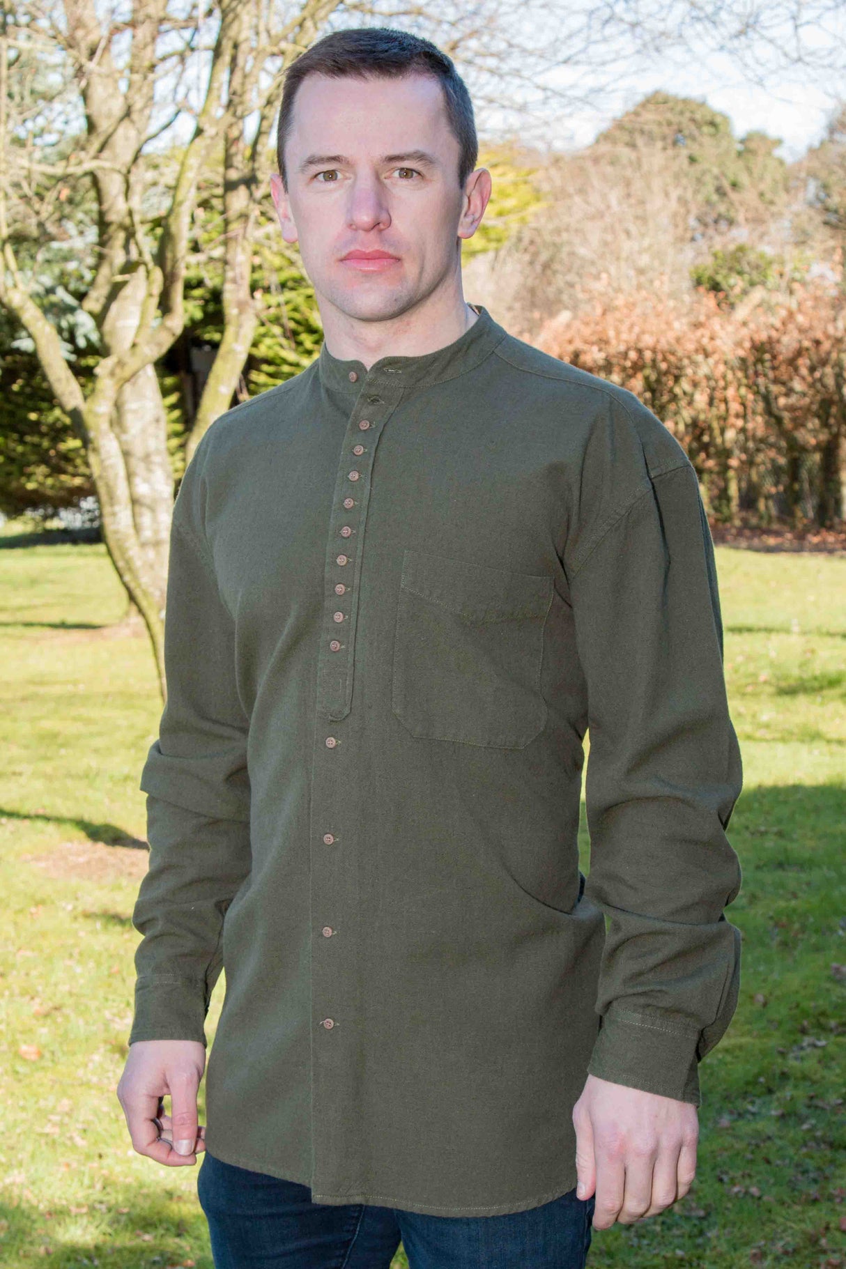 Irish Collarless Grandfather Shirt Linen Blend - Army Green