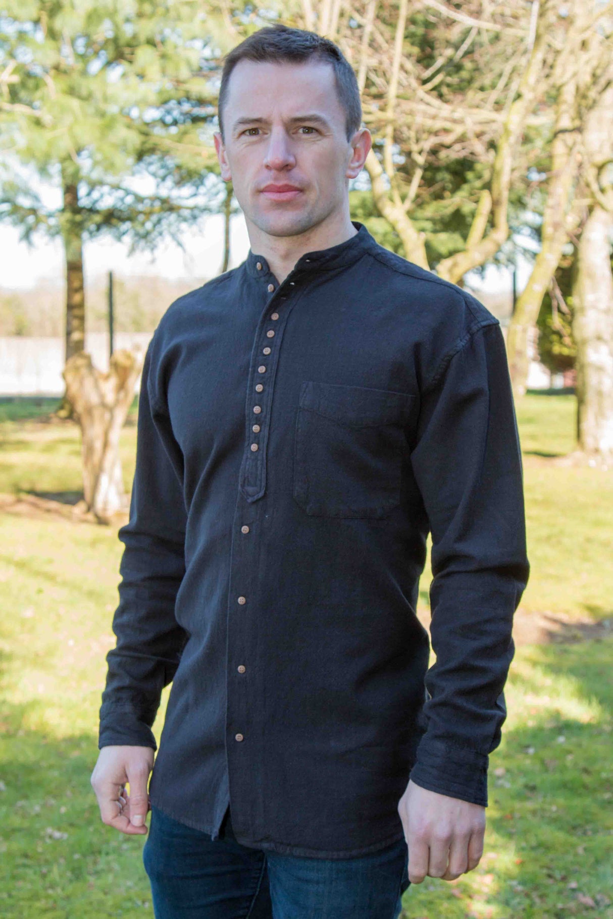 Irish Collarless Grandfather Shirt Linen Blend - Black