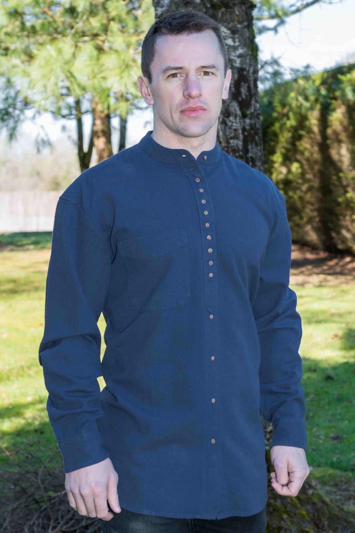 Irish Collarless Grandfather Shirt Linen Blend - Navy