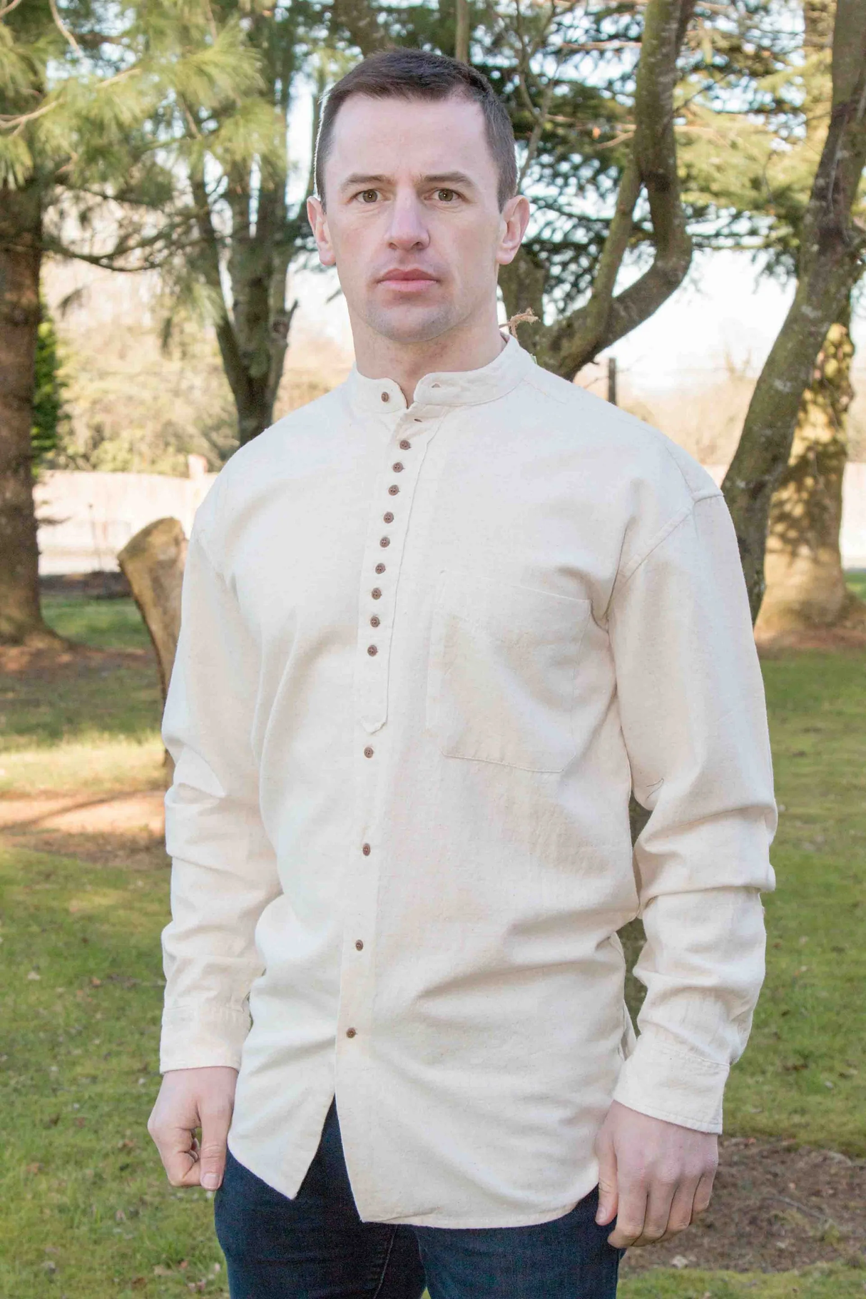 Irish Collarless Grandfather Shirt Linen Blend - Stone