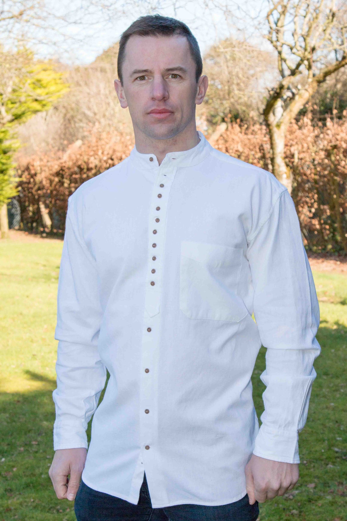 Irish Collarless Grandfather Shirt Linen Blend - White