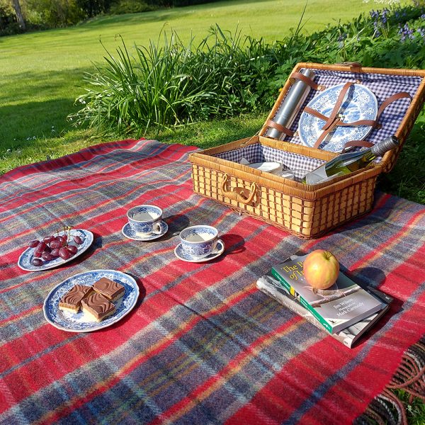 Large Irish Picnic Blanket - Orange Red Midnight Blue Plaid