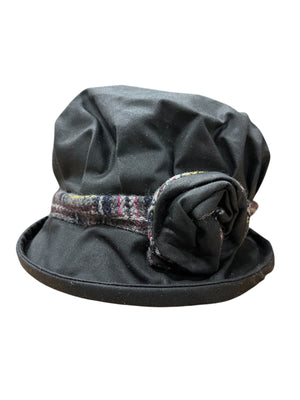 Waxed Cotton Downton Abbey Style Ladies Hat with Tweed Rose and Band