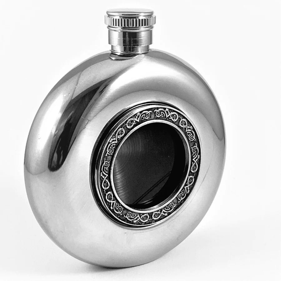 Round Whiskey Hip Flask with Glass Center and Small Celtic Knots Design