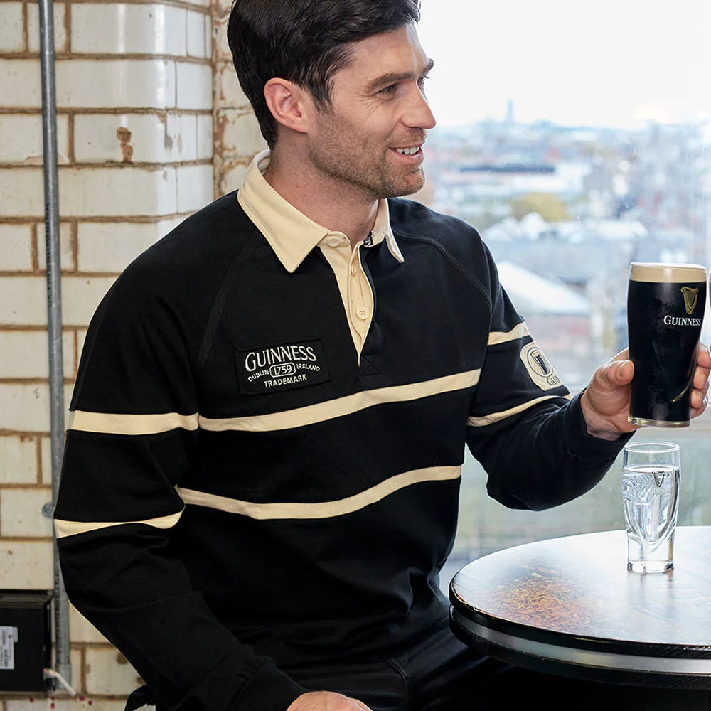 Guinness Long Sleeve Black and Cream Traditional Rugby