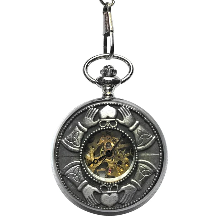 Mullingar Pewter Mechanical Pocket Watch with Double Claddagh Design