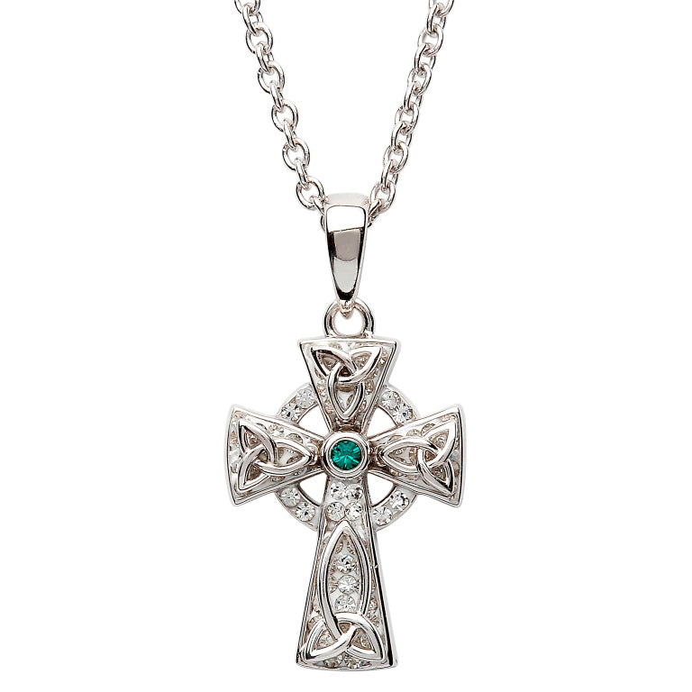 SW65 Celtic Trinity Knot Cross with Green Stone and Adorned With Swarovski Crystals by Shanore