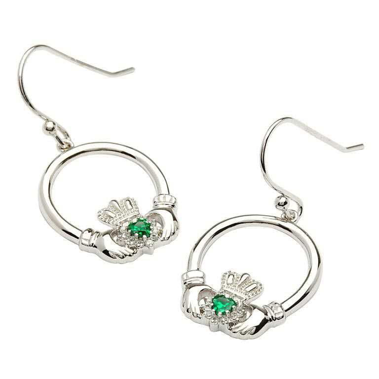 SE2008 Claddagh Sterling Silver and Green Stone Set Earrings by Shanore