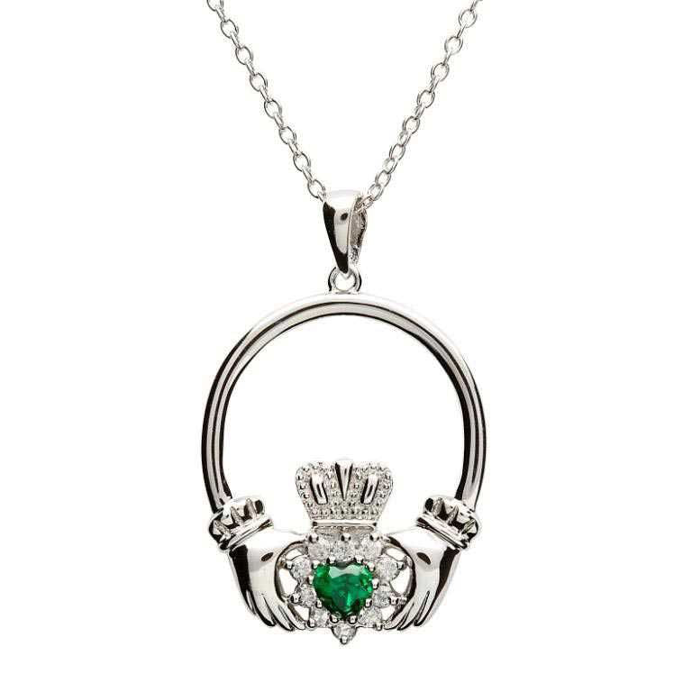 SP1079 Claddagh Sterling Silver and Green Stone Set Pendant by Shanore