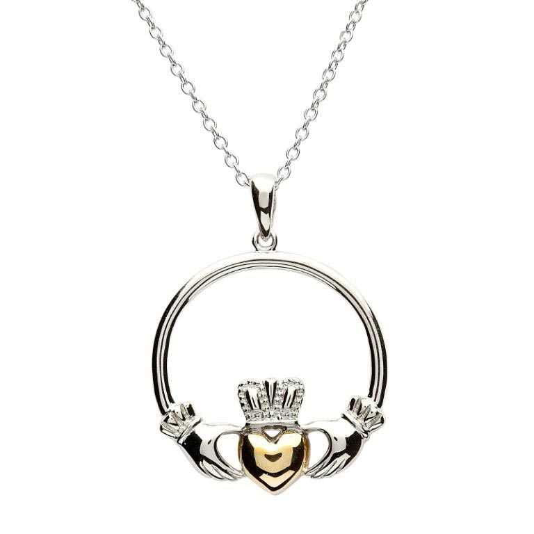 SP1081 Claddagh Sterling Silver Gold Plate Heart Necklace by Shanore