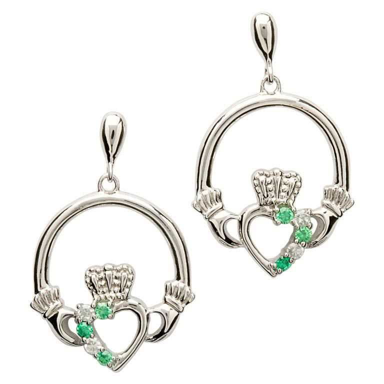 SE1053 Open Heart Claddagh Earrings w/ Green Crystals by Shanore