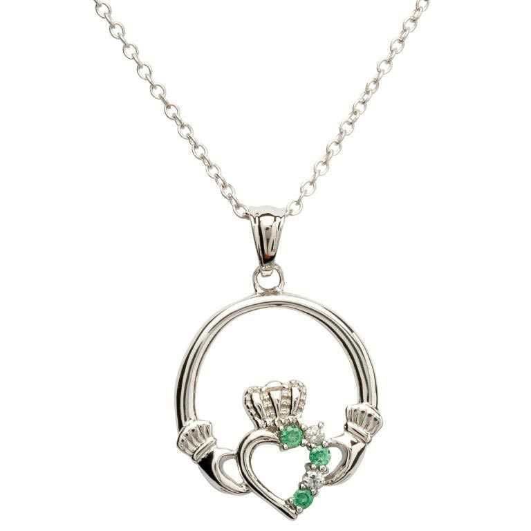 SP1053 Open Heart Claddagh Pendant w/ Green Crystals by Shanore
