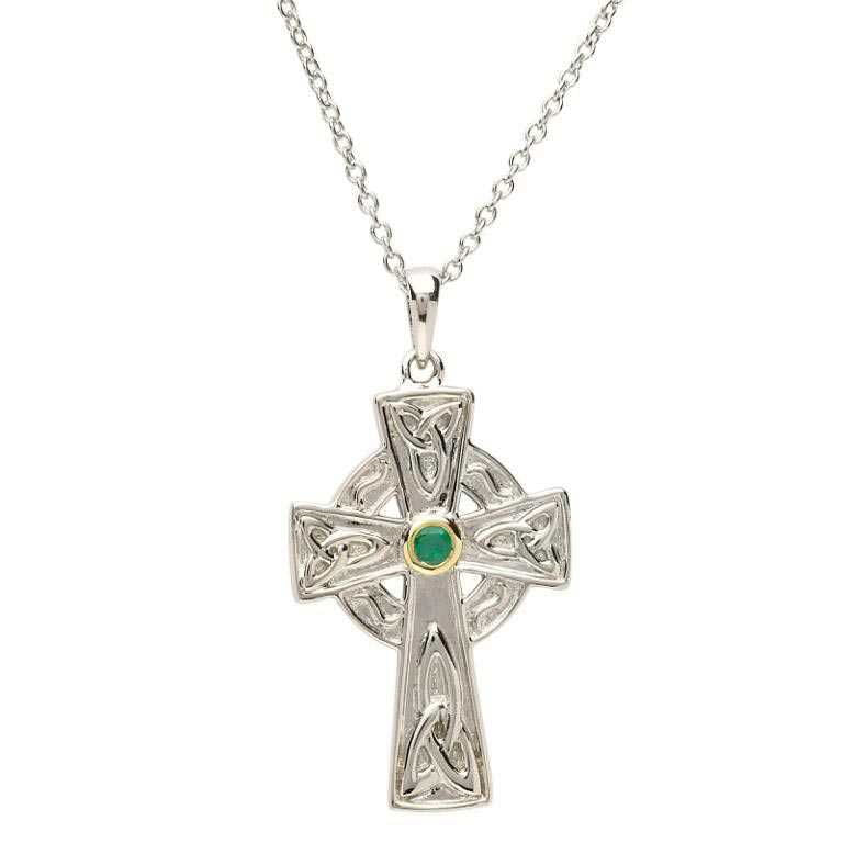 SF27 Silver Emerald Set Celtic Knot Design Cross by Shanore