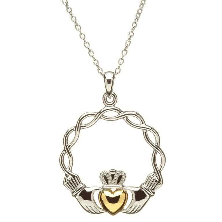 SP2045 Celtic Weave Claddagh Necklace with 14K Gold Heart by Shanore